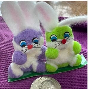 Vintage Flocked Easter Bunny Couples Pastel Spring Kitsch Decor Retro Chic